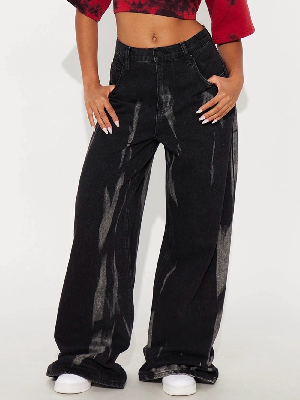 Fashion Nova Black Wide Leg Bleached Effect Jeans 7 NWT